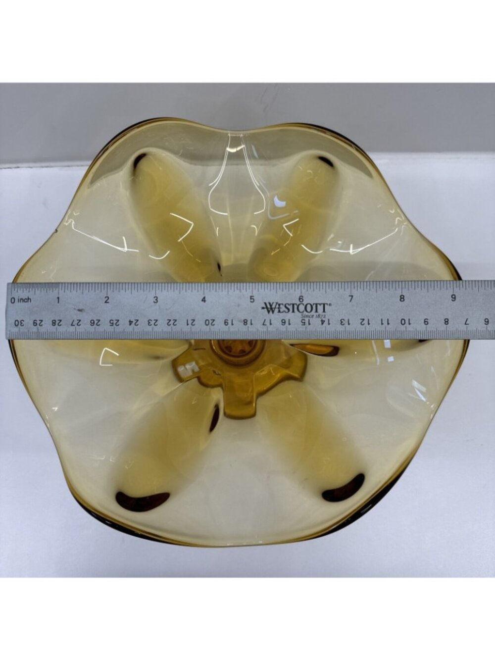 Amber Pedestal Glass Bowl Wavy Rim 11" Diameter Vintage Art Glass Centerpiece - Picture 5 of 7